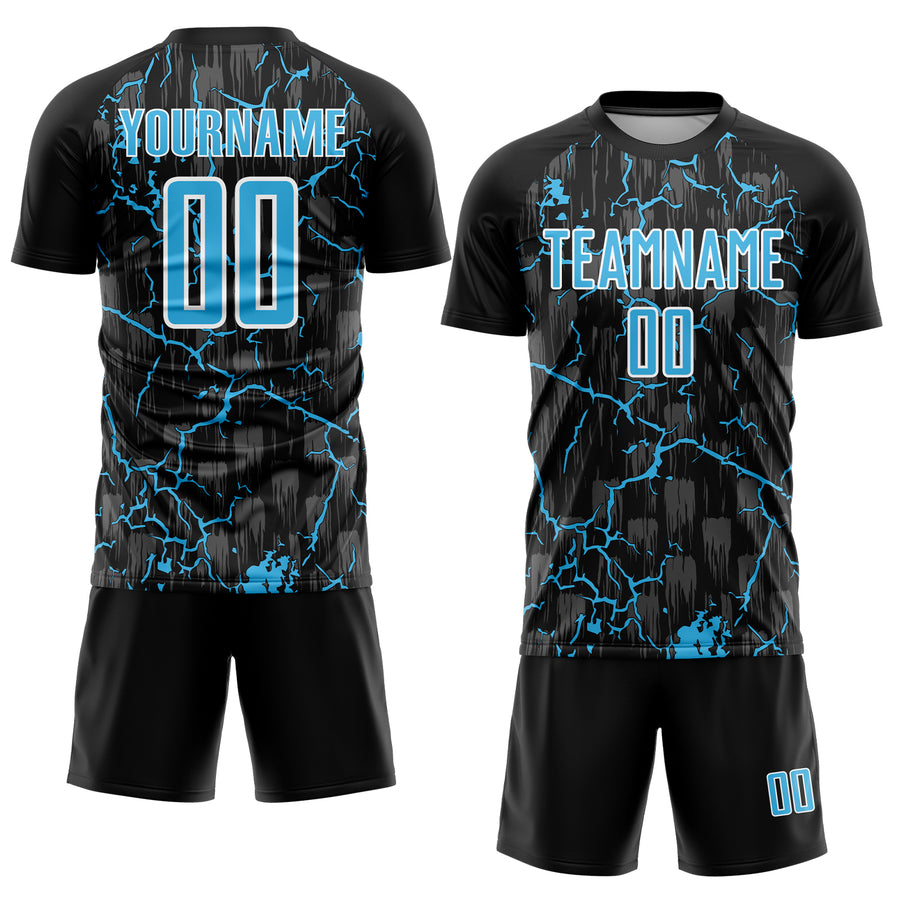 Custom Black Sky Blue-White Lightning Sublimation Soccer Uniform Jersey