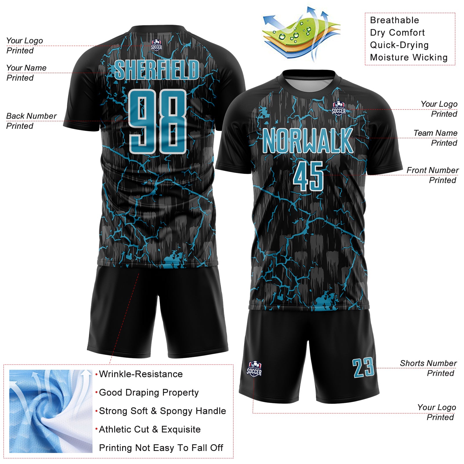 Custom Black Panther Blue-White Lightning Sublimation Soccer Uniform Jersey