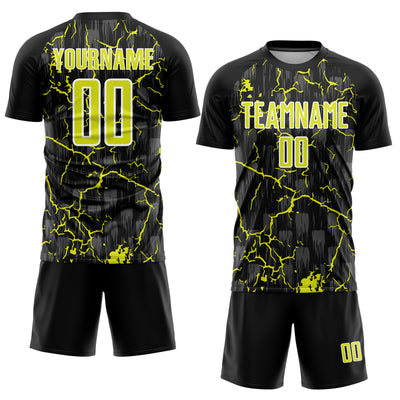 Custom Black Neon Yellow-White Lightning Sublimation Soccer Uniform Jersey