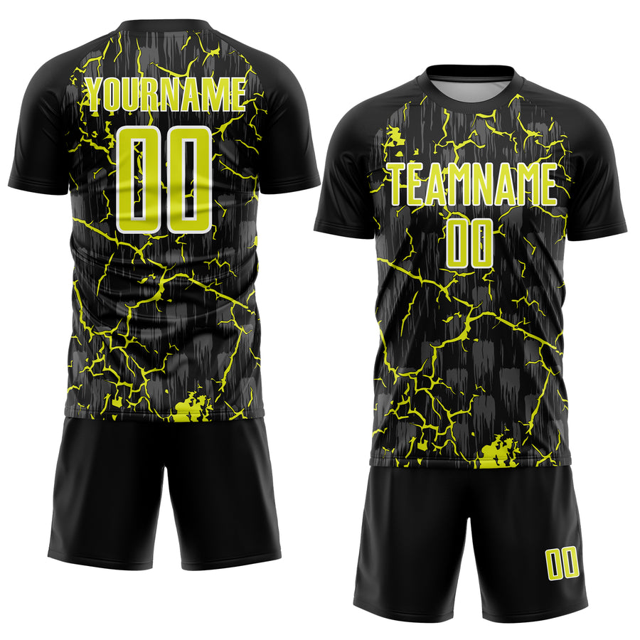 Custom Black Neon Yellow-White Lightning Sublimation Soccer Uniform Jersey