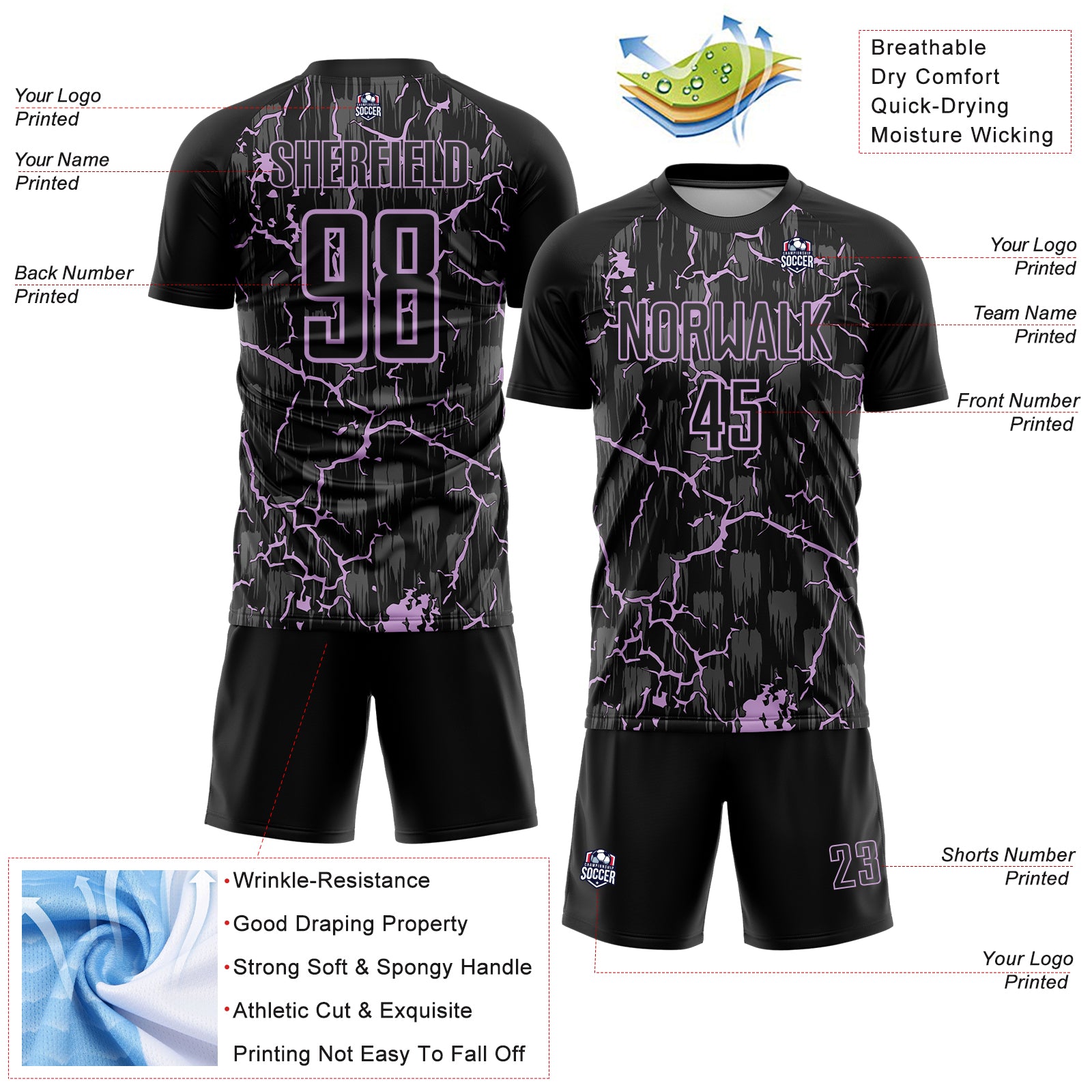 Custom Black Light Purple Lightning Sublimation Soccer Uniform Jersey