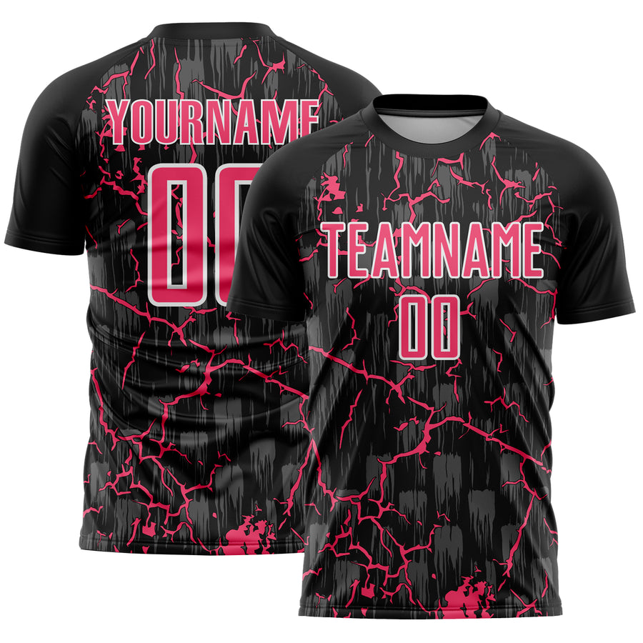 Custom Black Neon Pink-White Lightning Sublimation Soccer Uniform Jersey