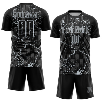 Custom Black Silver Lightning Sublimation Soccer Uniform Jersey