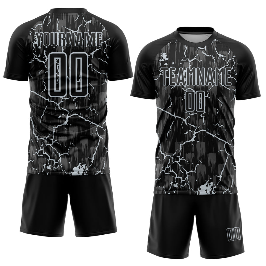 Custom Black Silver Lightning Sublimation Soccer Uniform Jersey