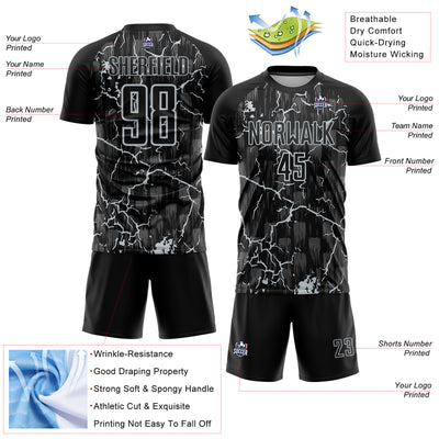 Custom Black Silver Lightning Sublimation Soccer Uniform Jersey