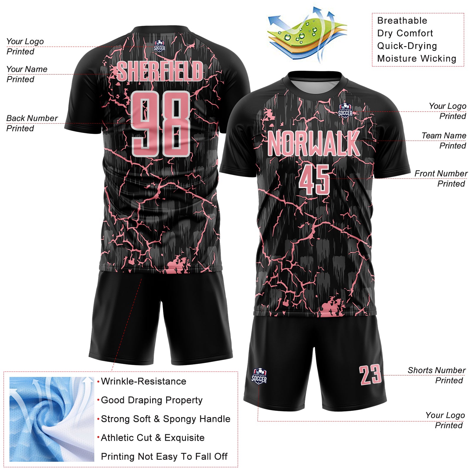 Custom Black Medium Pink-White Lightning Sublimation Soccer Uniform Jersey