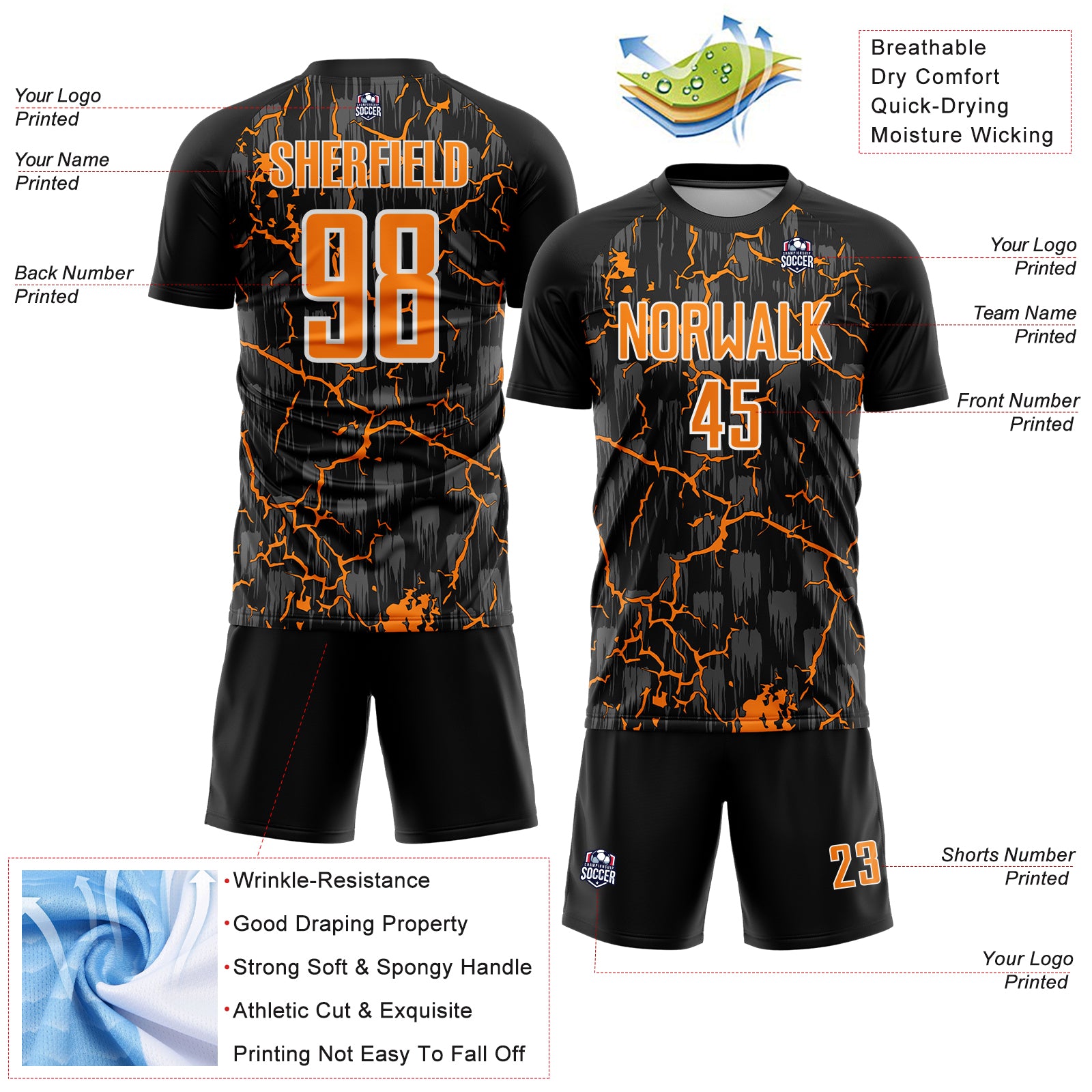 Custom Black Bay Orange-White Lightning Sublimation Soccer Uniform Jersey