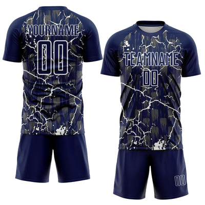Custom Navy White Lightning Sublimation Soccer Uniform Jersey