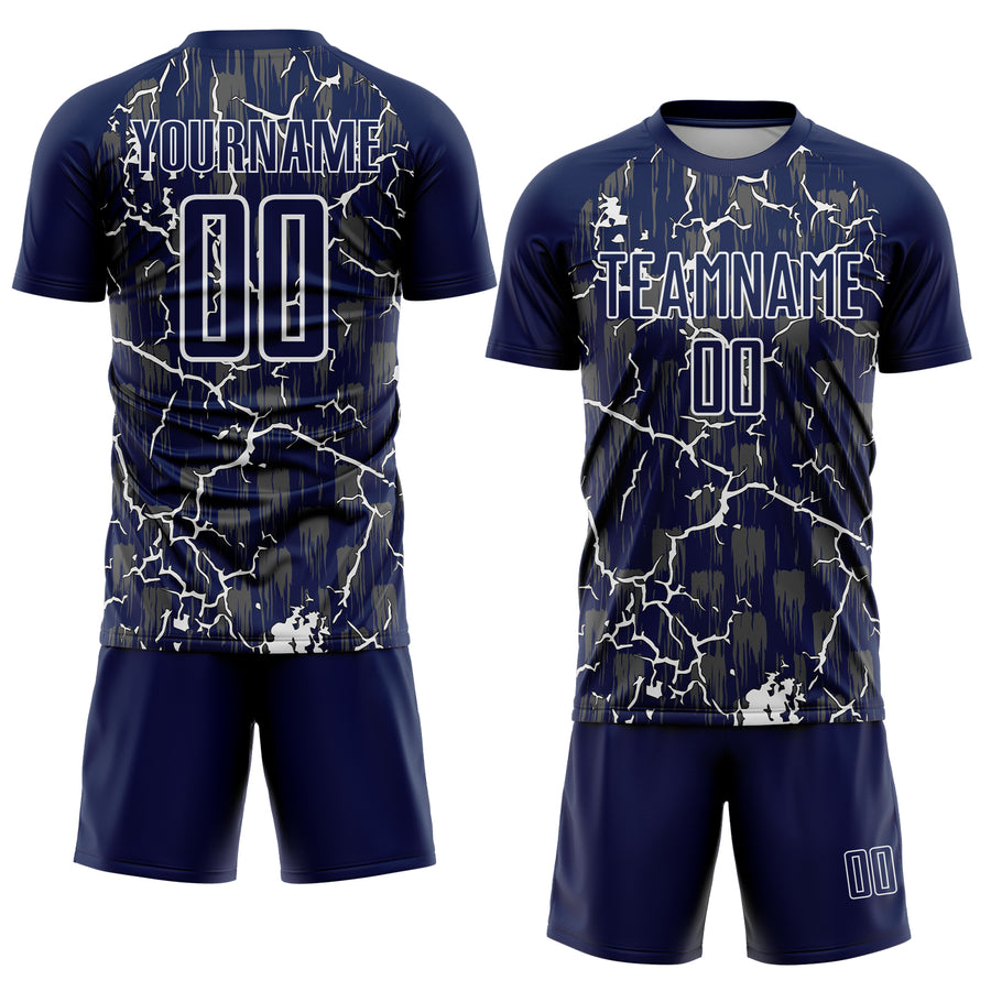 Custom Navy White Lightning Sublimation Soccer Uniform Jersey