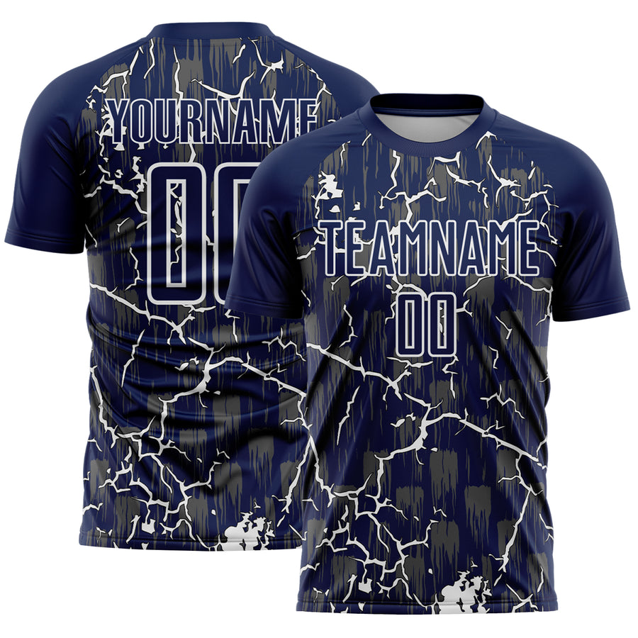 Custom Navy White Lightning Sublimation Soccer Uniform Jersey