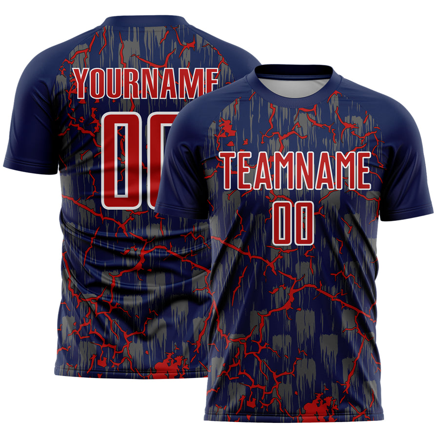 Custom Navy Red-White Lightning Sublimation Soccer Uniform Jersey
