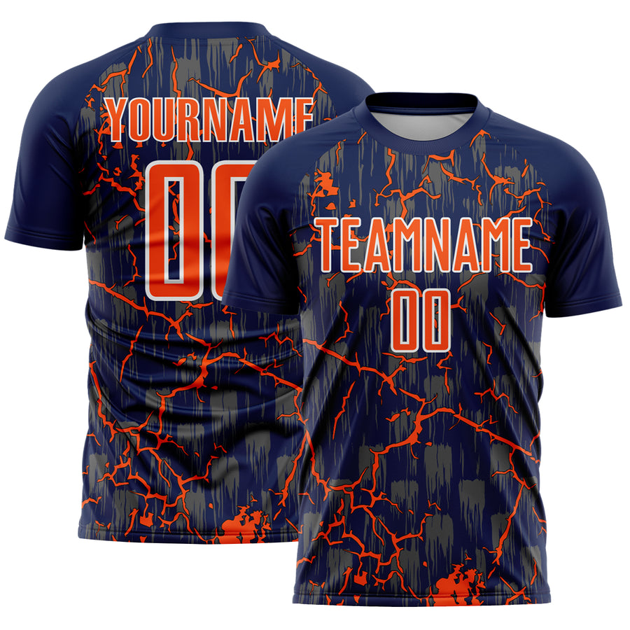 Custom Navy Orange-White Lightning Sublimation Soccer Uniform Jersey