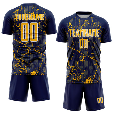 Custom Navy Gold-White Lightning Sublimation Soccer Uniform Jersey