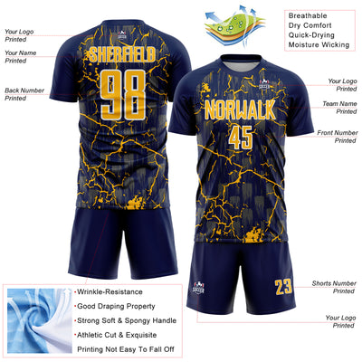 Custom Navy Gold-White Lightning Sublimation Soccer Uniform Jersey