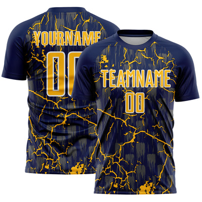 Custom Navy Gold-White Lightning Sublimation Soccer Uniform Jersey