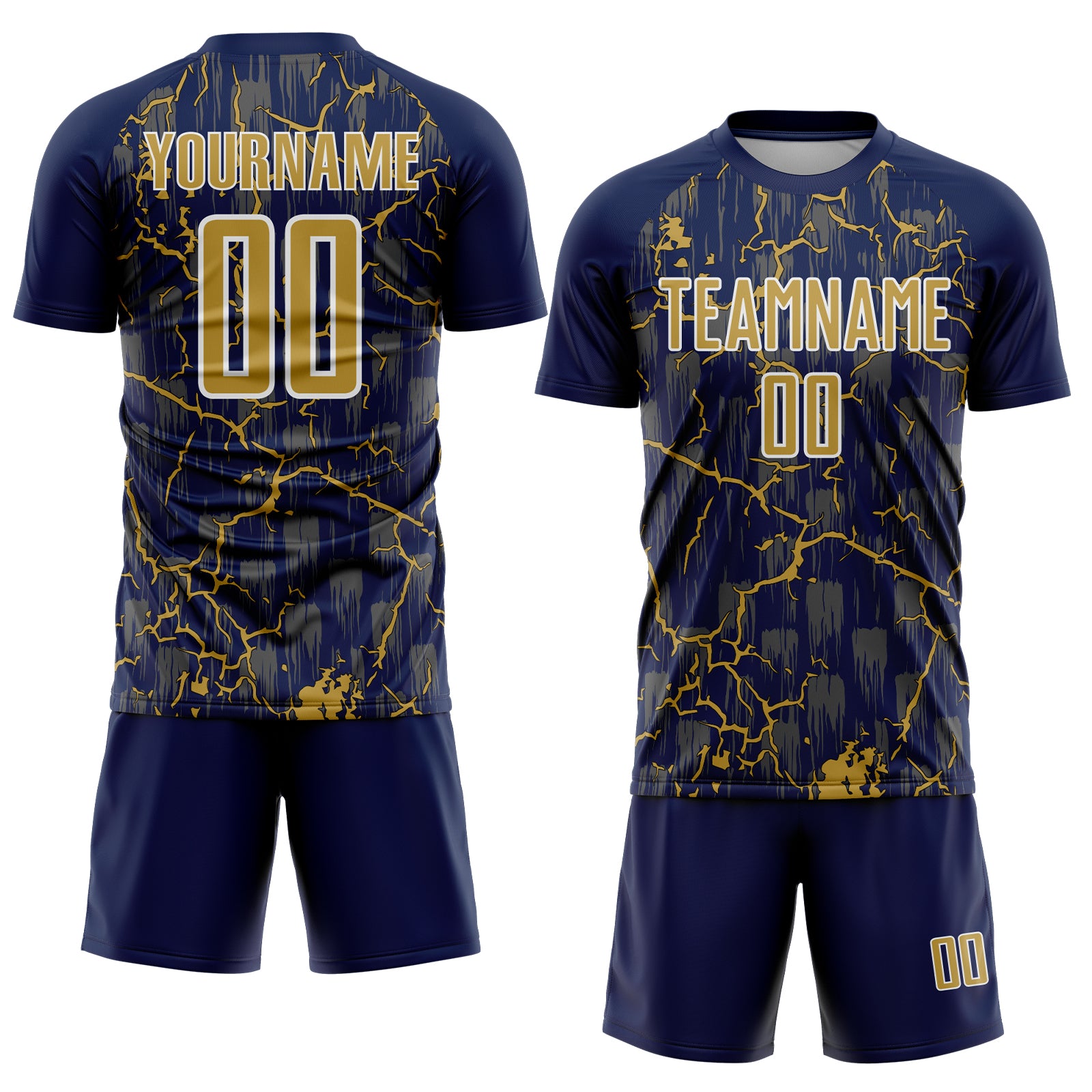 Custom Navy Old Gold-White Lightning Sublimation Soccer Uniform Jersey