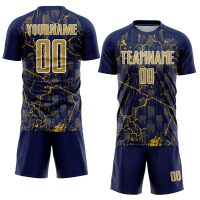 Custom Navy Old Gold-White Lightning Sublimation Soccer Uniform Jersey