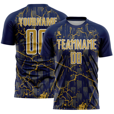 Custom Navy Old Gold-White Lightning Sublimation Soccer Uniform Jersey