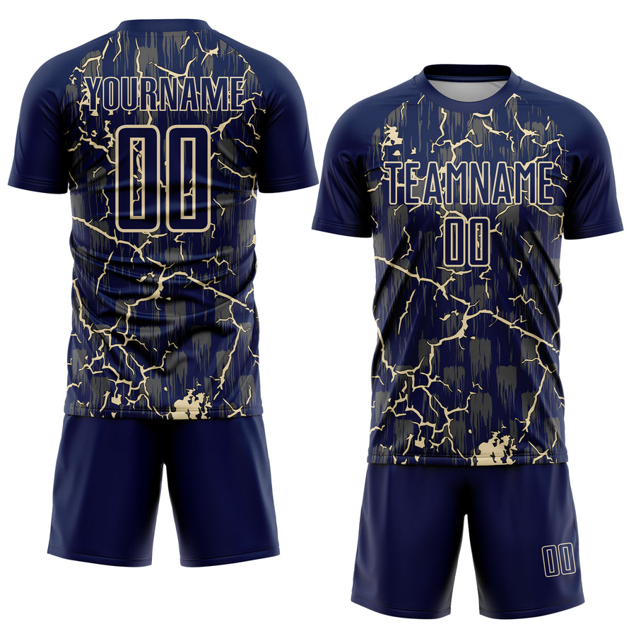 Custom Navy Cream Lightning Sublimation Soccer Uniform Jersey