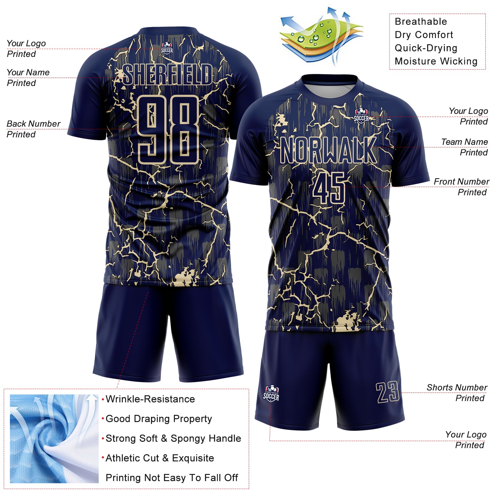 Custom Navy Cream Lightning Sublimation Soccer Uniform Jersey