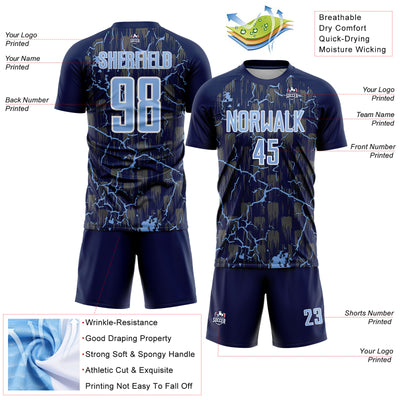 Custom Navy Light Blue-White Lightning Sublimation Soccer Uniform Jersey