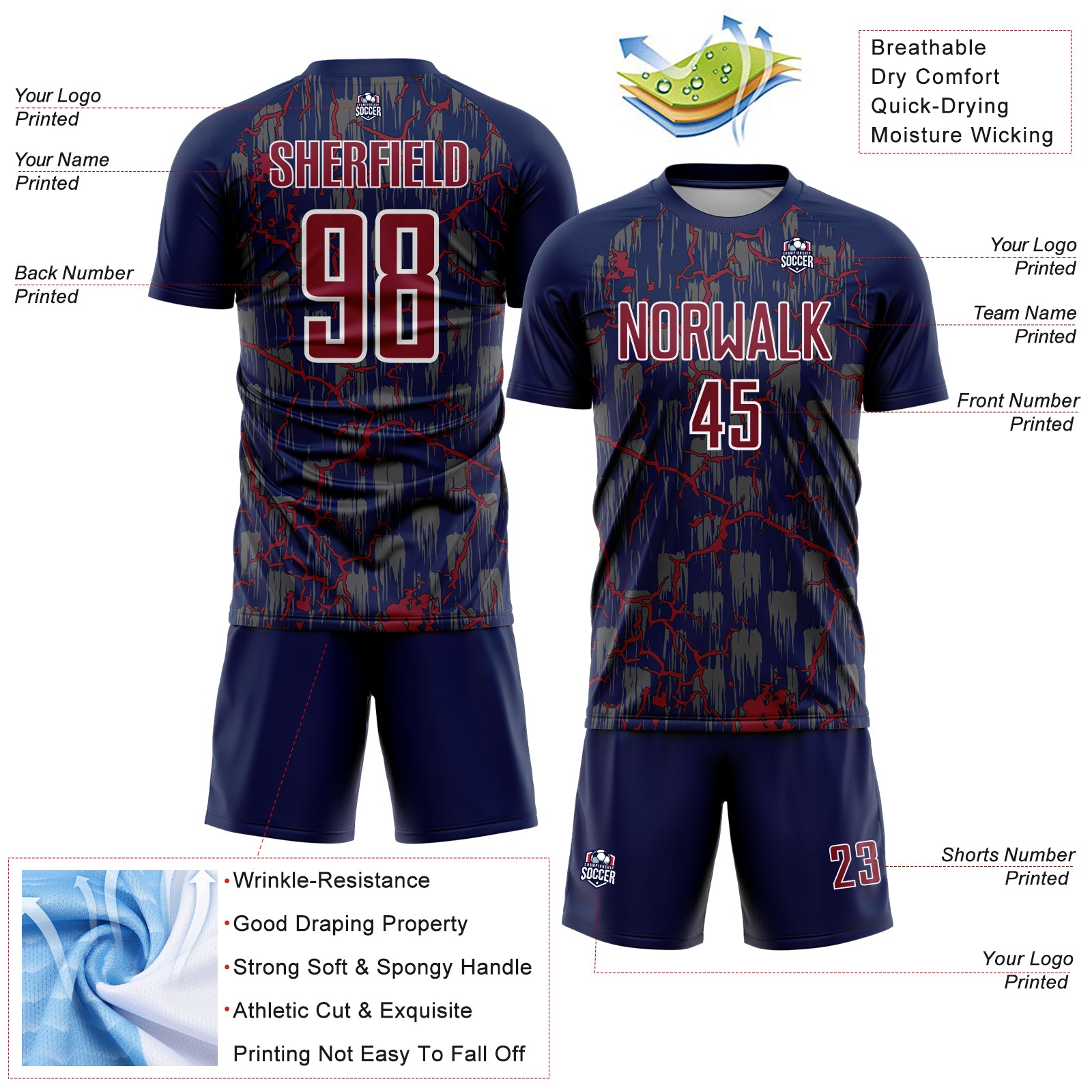 Custom Navy Crimson-White Lightning Sublimation Soccer Uniform Jersey