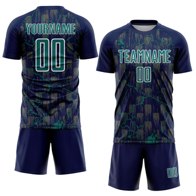 Custom Navy Teal-White Lightning Sublimation Soccer Uniform Jersey