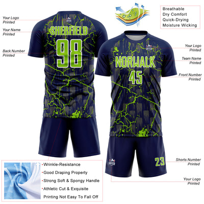 Custom Navy Neon Green-White Lightning Sublimation Soccer Uniform Jersey