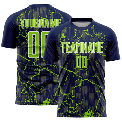 Custom Navy Neon Green-White Lightning Sublimation Soccer Uniform Jersey