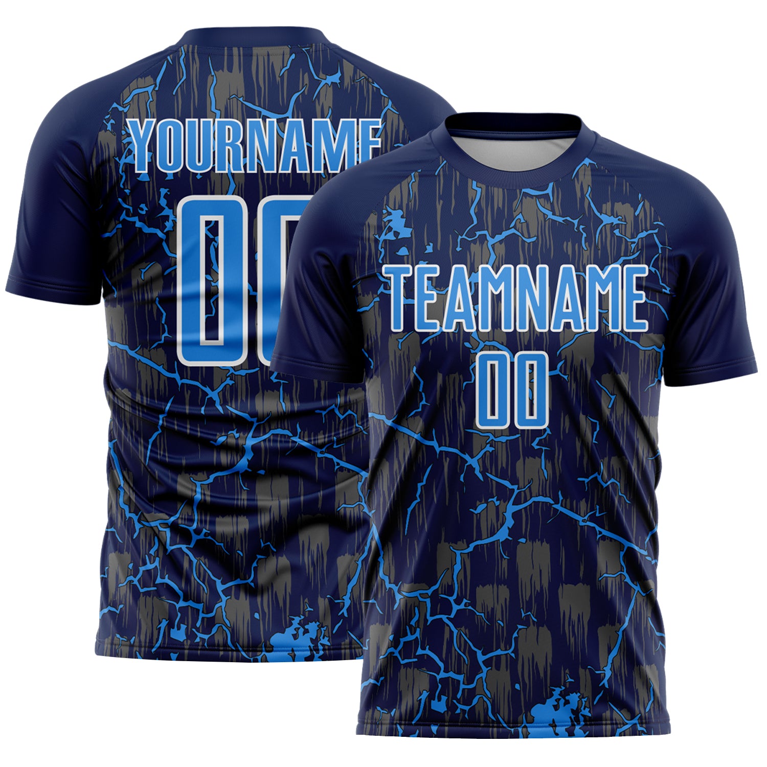 Custom Navy Powder Blue-White Lightning Sublimation Soccer Uniform Jersey