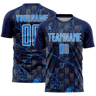 Custom Navy Powder Blue-White Lightning Sublimation Soccer Uniform Jersey