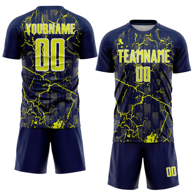 Custom Navy Neon Yellow-White Lightning Sublimation Soccer Uniform Jersey