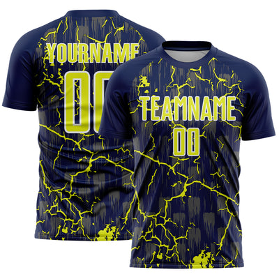 Custom Navy Neon Yellow-White Lightning Sublimation Soccer Uniform Jersey