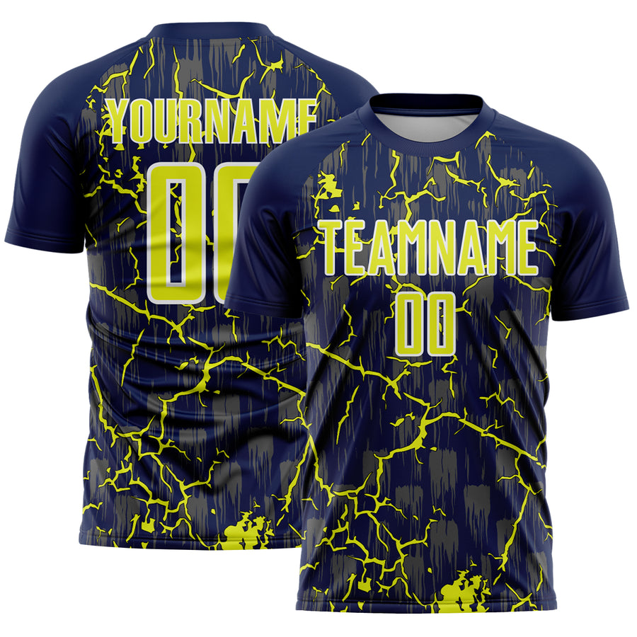 Custom Navy Neon Yellow-White Lightning Sublimation Soccer Uniform Jersey