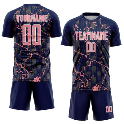Custom Navy Medium Pink-White Lightning Sublimation Soccer Uniform Jersey