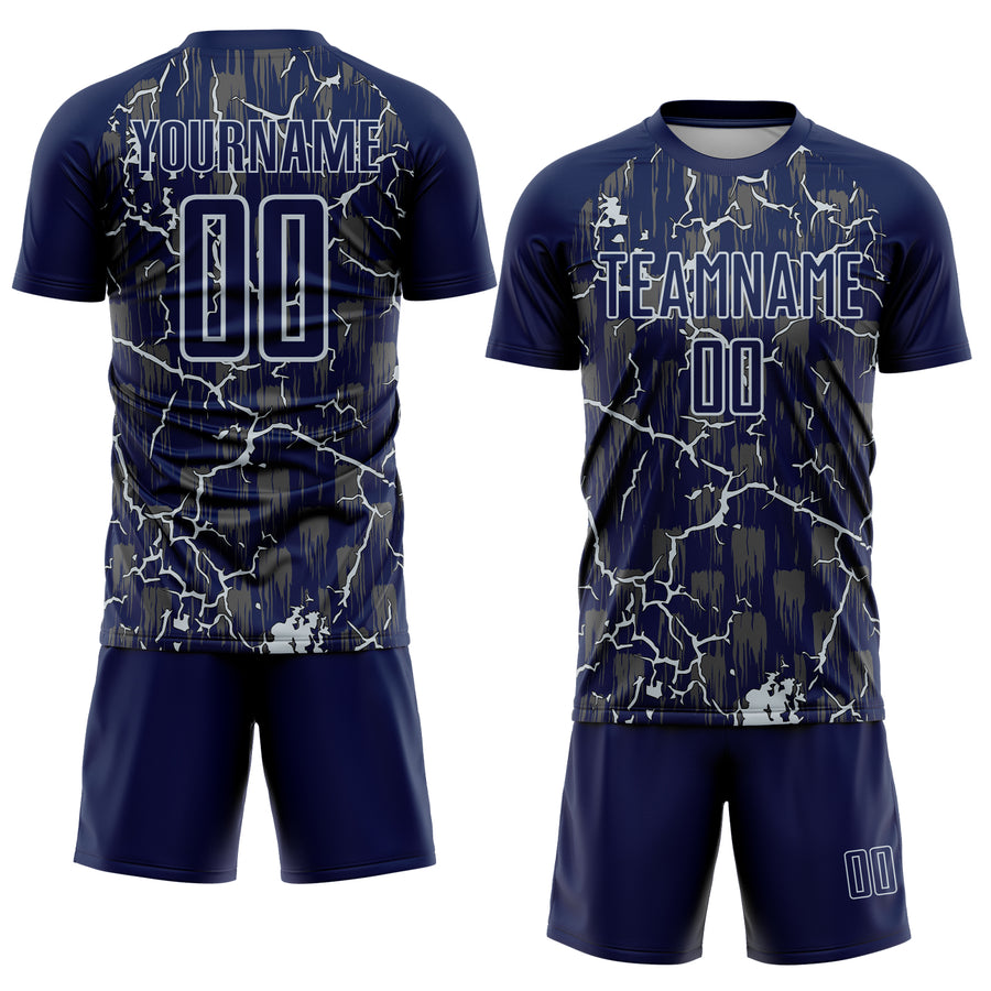 Custom Navy Silver Lightning Sublimation Soccer Uniform Jersey