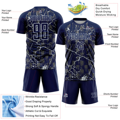 Custom Navy Silver Lightning Sublimation Soccer Uniform Jersey