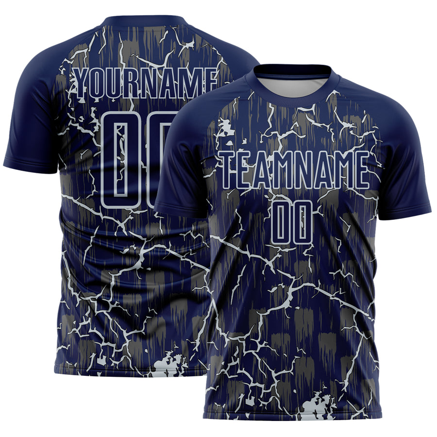 Custom Navy Silver Lightning Sublimation Soccer Uniform Jersey