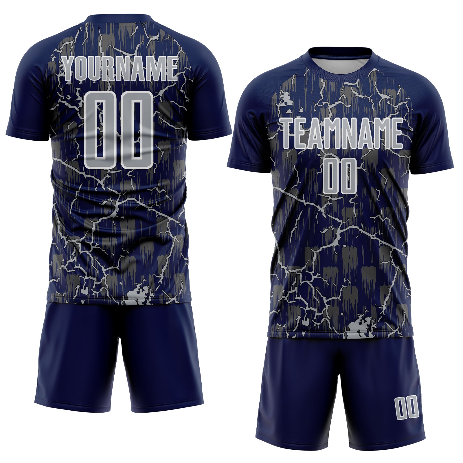 Custom Navy Gray-White Lightning Sublimation Soccer Uniform Jersey