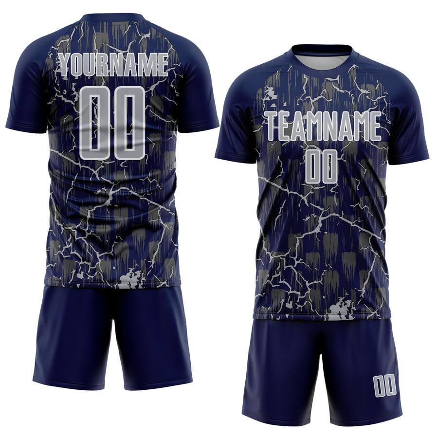 Custom Navy Gray-White Lightning Sublimation Soccer Uniform Jersey