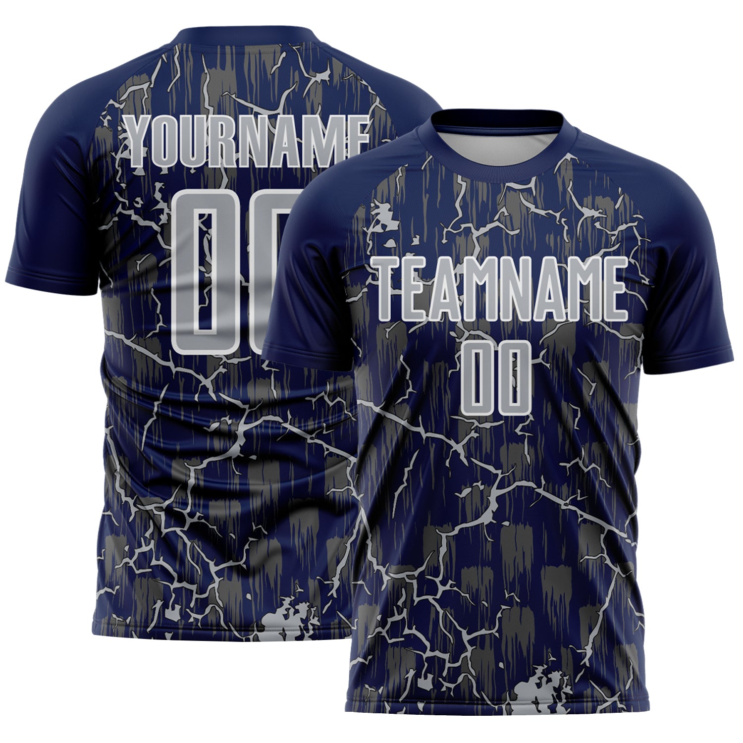 Custom Navy Gray-White Lightning Sublimation Soccer Uniform Jersey
