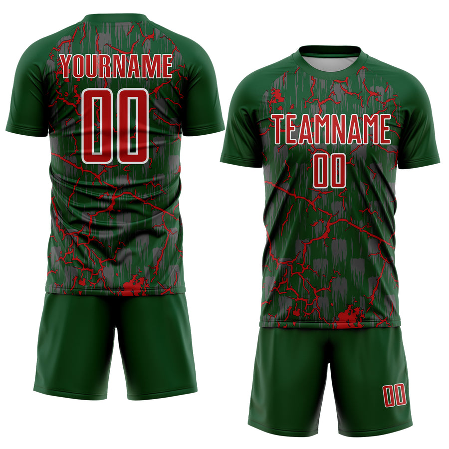 Custom Green Red-White Lightning Sublimation Soccer Uniform Jersey