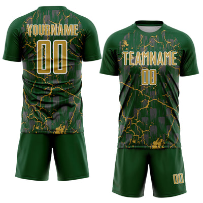 Custom Green Old Gold-White Lightning Sublimation Soccer Uniform Jersey