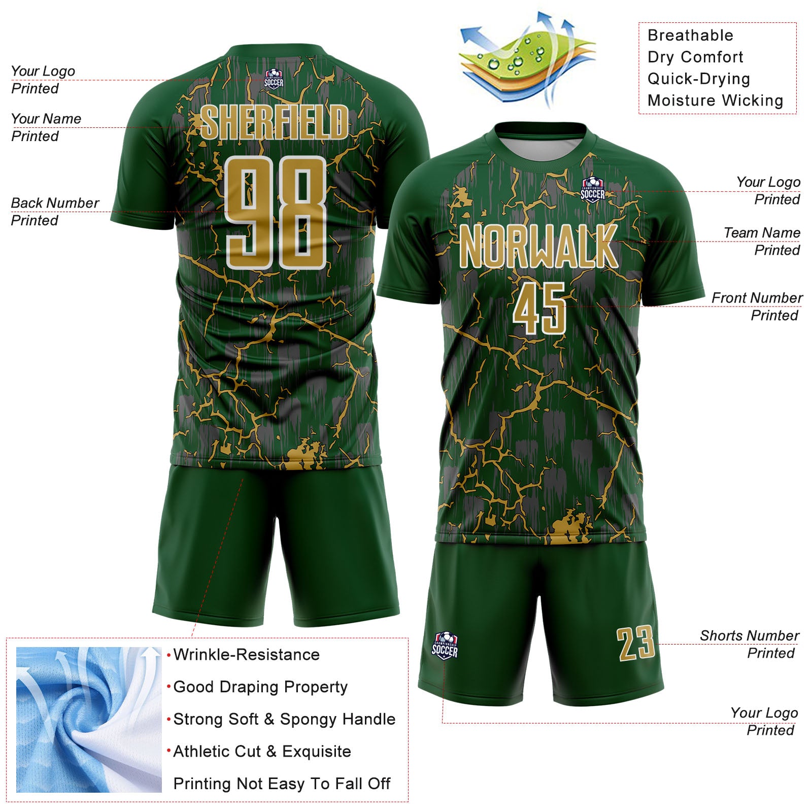 Custom Green Old Gold-White Lightning Sublimation Soccer Uniform Jersey