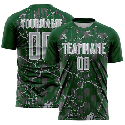 Custom Green Gray-White Lightning Sublimation Soccer Uniform Jersey