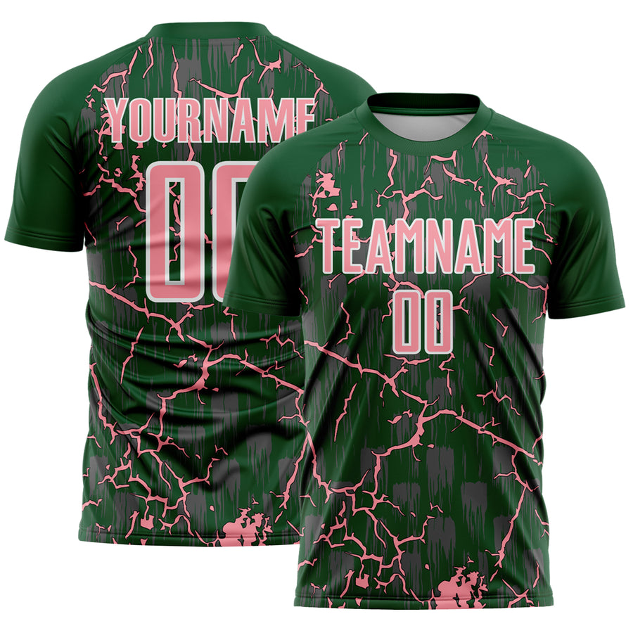 Custom Green Medium Pink-White Lightning Sublimation Soccer Uniform Jersey