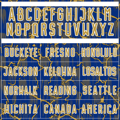 Custom Royal Old Gold-White Lightning Sublimation Soccer Uniform Jersey