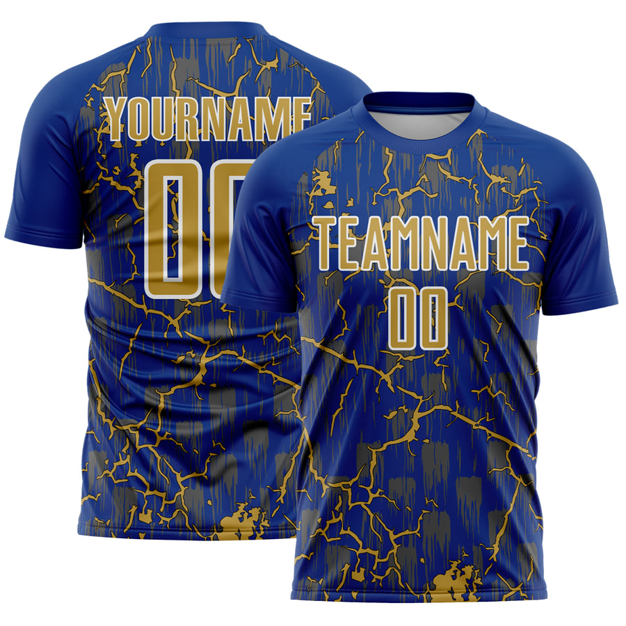 Custom Royal Old Gold-White Lightning Sublimation Soccer Uniform Jersey