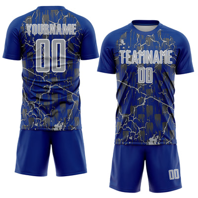 Custom Royal Gray-White Lightning Sublimation Soccer Uniform Jersey