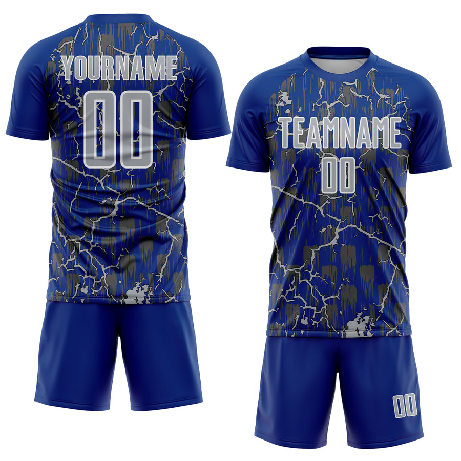 Custom Royal Gray-White Lightning Sublimation Soccer Uniform Jersey